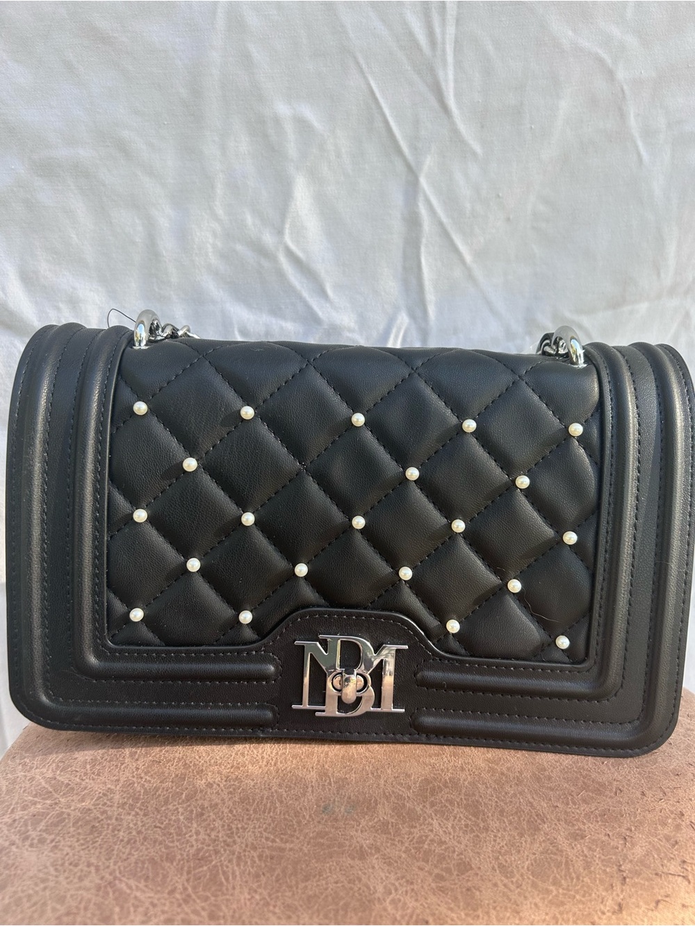 Badgley Mischka Black Quilted Shoulder Bag with Pearl Studs